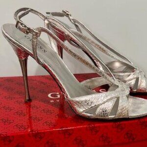Guess Stiletto Heels Sandals, size 8, Silver Leather